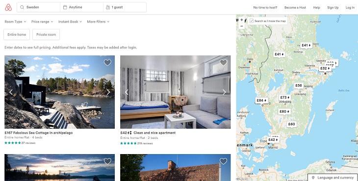 Screenshot: Airbnb listings for accommodation in Sweden