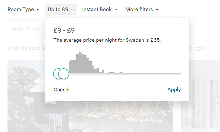 Screenshot: Airbnb price selector for accommodation in Sweden