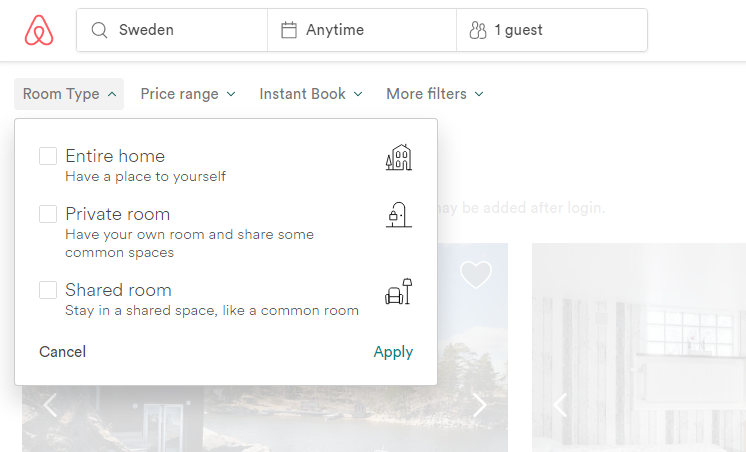 Screenshot: Airbnb room type selector for accommodation in Sweden