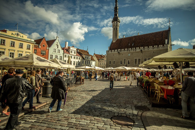 A busy market set up in a square of the old town in Tallinn, Estonia