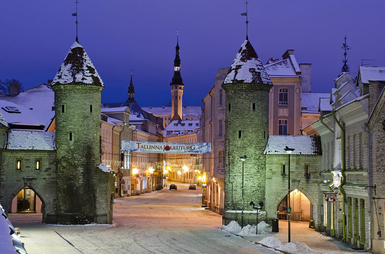 Tallinn Old Town beautifully lit at night time during winter covered in snow 