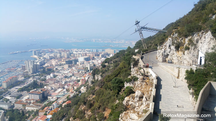 Gibraltar rock scenic path overlooking the cable for cable cars