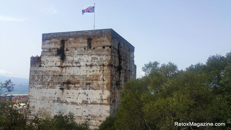 The Moorish Castle in Gibraltar flies the Union Jack