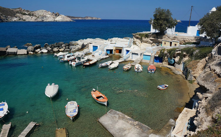 Milos iconic fishermen’s houses and fishing boats Milos iseland, Greece