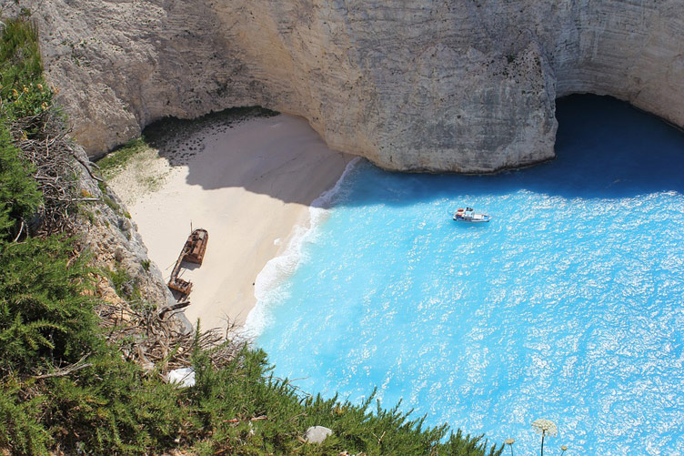 Birds eye view of Navagio aka Shipwreck Beach in Zakynthos, Greece 