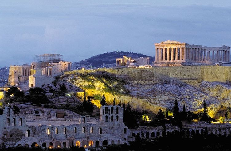 Various ancient greek sites of Acropolis at dusk 