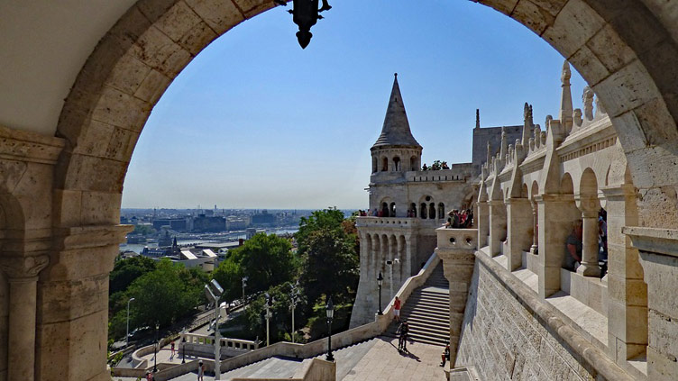 Gothic towers visible from Fisherman's Bastion viewing terrace with the city down below