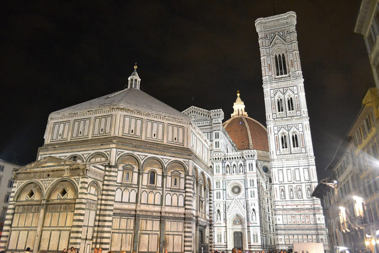 Upper part of Florence Cathedral beautifully lit at night time