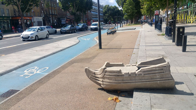 Model boat sculpture on Mile End Road, Whitechapel, London