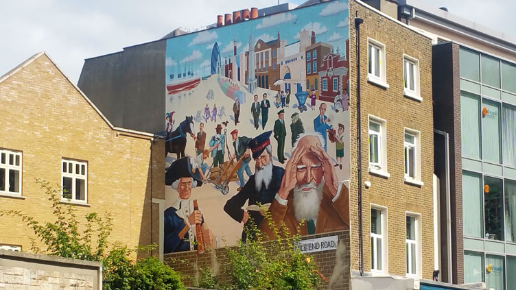 Mural by Mychael Barratt on Mile End Road, Whitechapel, London