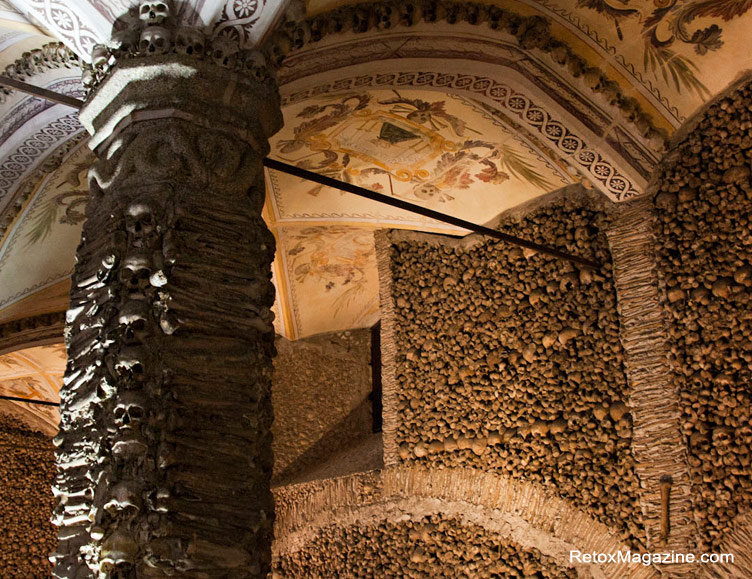 The Chapel of Bones in Evora features interior walls covered with human skulls and bones