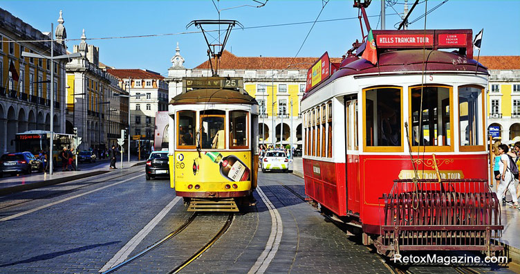 Lisbon city trams on Lisbon Main Square - Praca do Comercio