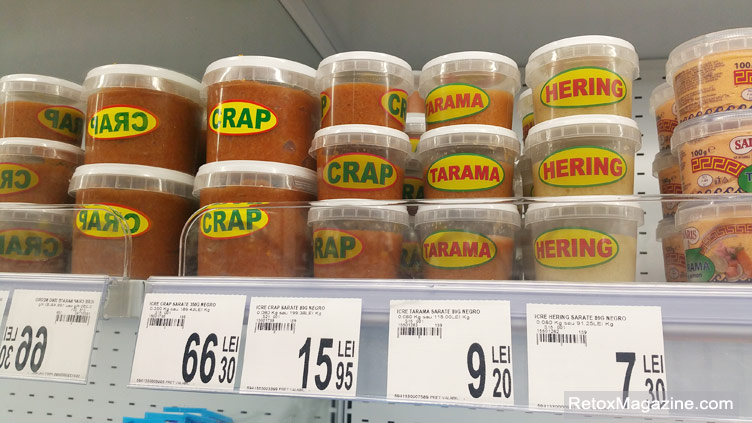 Tubs of with the label reading crap stocked on a supermarket shelf in Bucharest, Romania