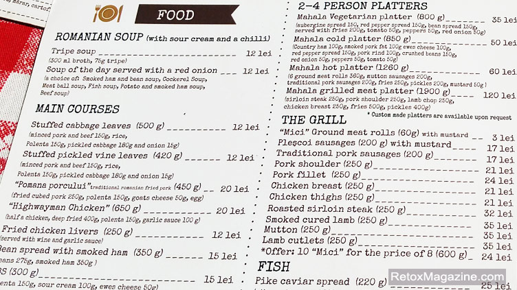 A close up of the La Mahala Romanian restaurant menu displaying a sample of page with food items and prices