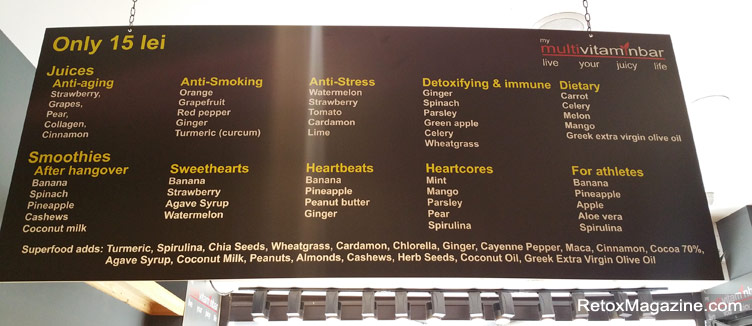 A menu board at juice bar presenting attractive juice options