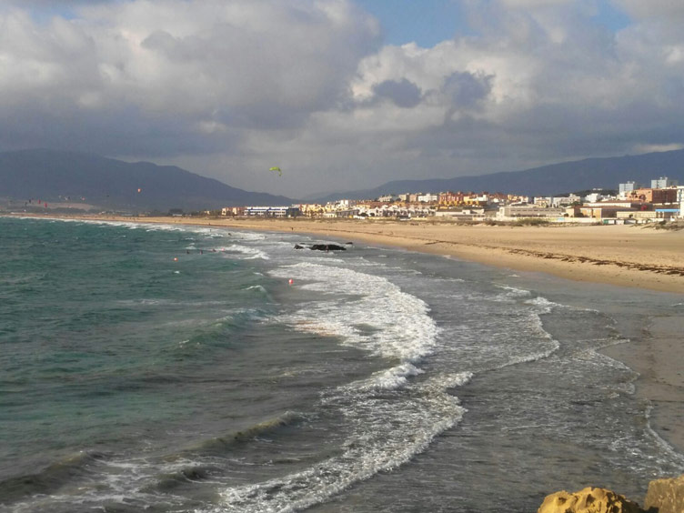 Photographed is the view of a beach as seen from Isla de Las Palomas in Tarifa, Cadiz, Spain