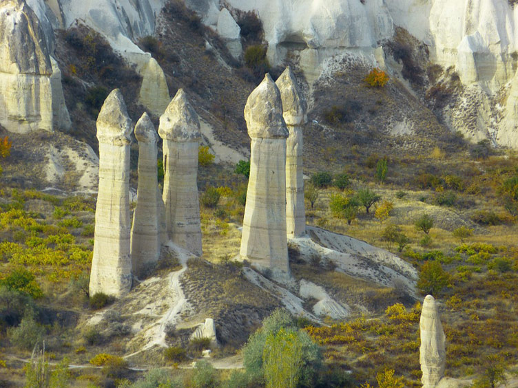 In the landscape photo visible are rock formations that look like goose barnacles known as The Fairy Chimneys of Cappadocia