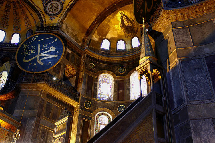 Beautiful historical interior of Hagia Sophia aka Aya Sofya basilica museum in Istanbul, Turkey  