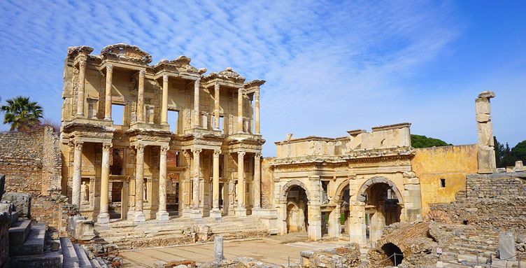 Ancient Roman building facade of the library in Ephesus, displaying magnificent architectural features