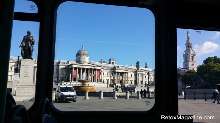 The view of Trafalgar Square from the lower deck of a London bus