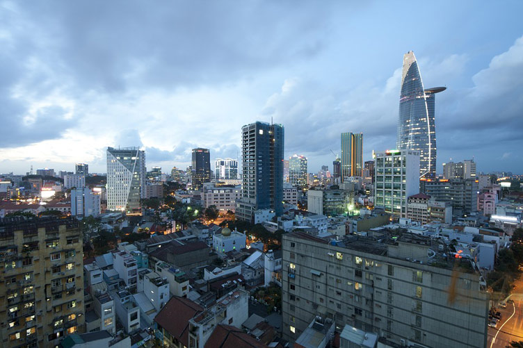 Urban landscape of Ho Chi Minh city featuring skyscrapers and contemporary buildings, Vietnam