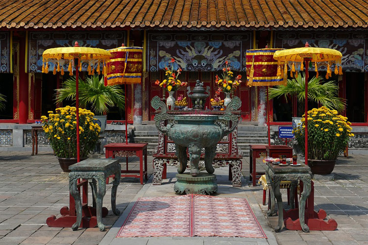 A beautiful ancient-style courtyard in the walled Imperial City palace complex within the citadel of the city of Huế, Vietnam