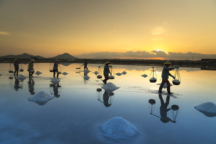 Vietnamese workers in Nha Trang carrying salt in in the Hon Khoi salt fields, set against a stunning sunset